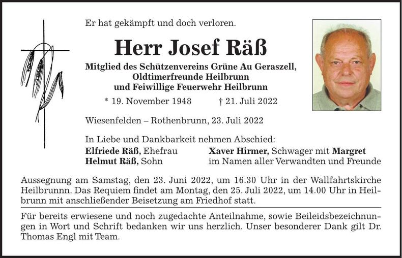 Traueranzeige Josef Räß