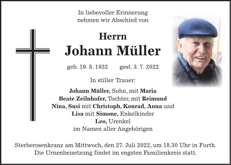 Traueranzeige Johann Müller