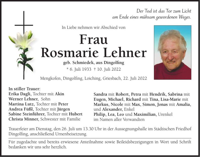 Traueranzeige Rosmarie Lehner