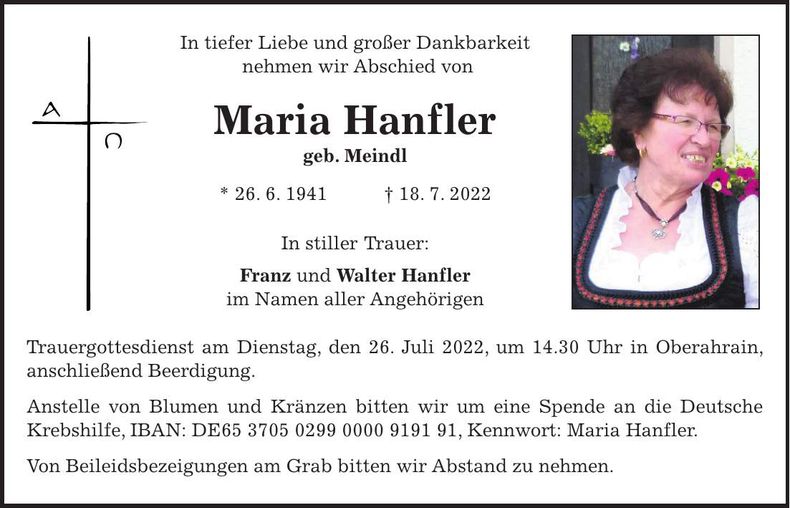 Traueranzeige Maria Hanfler