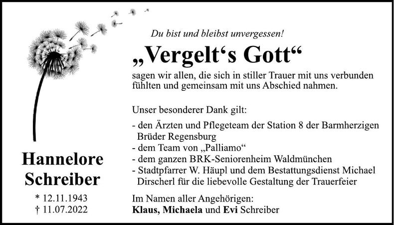 Traueranzeige Hannelore Schreiber