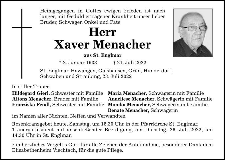 Traueranzeige Xaver Menacher