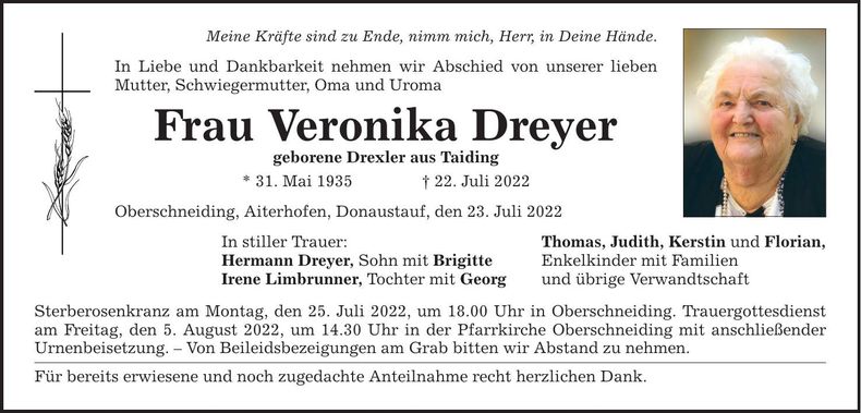 Traueranzeige Veronika Dreyer