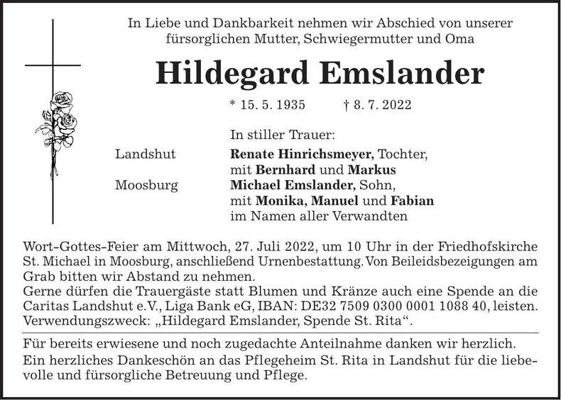 Traueranzeige Hildegard Emslander