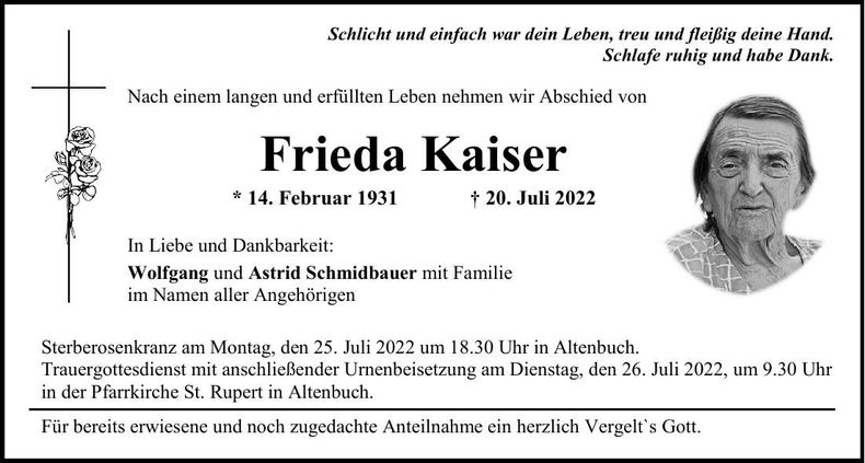 Traueranzeige Frieda Kaiser