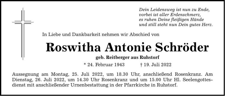 Traueranzeige Roswitha Antonie Schröder