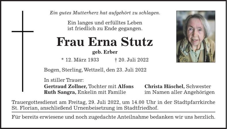 Traueranzeige Erna Stutz