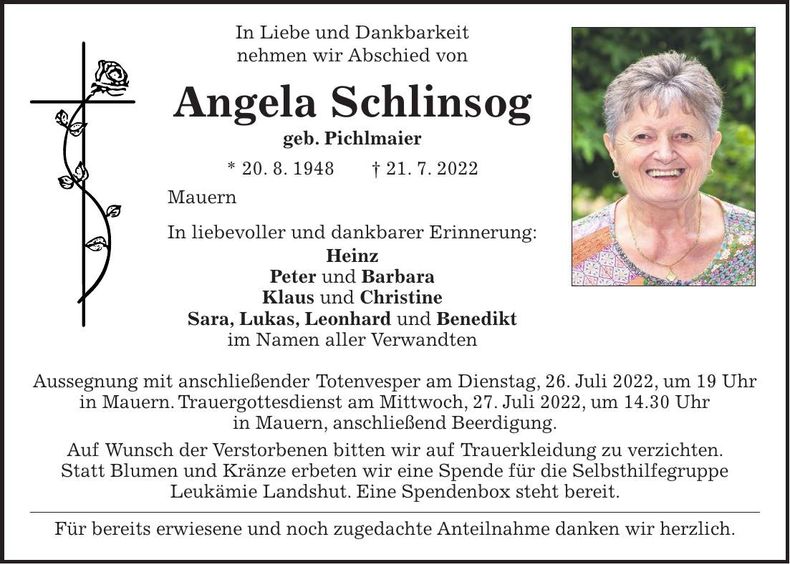 Traueranzeige Angela Schlinsog