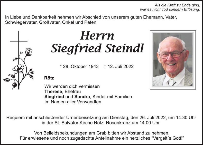 Traueranzeige Siegfried Steindl