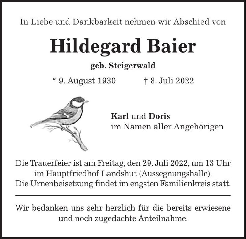 Traueranzeige Hildegard Baier