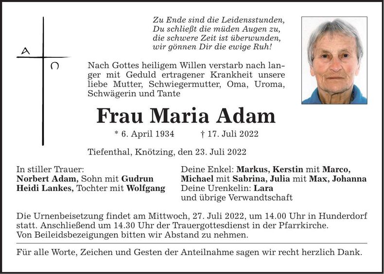 Traueranzeige Maria Adam