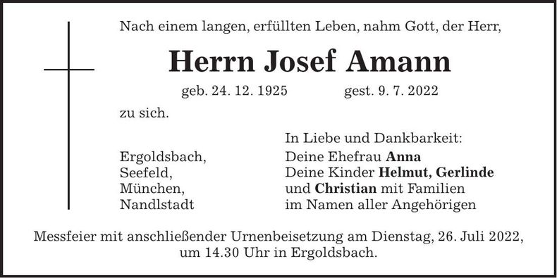 Traueranzeige Josef Amann