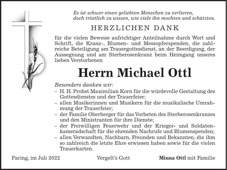 Traueranzeige Michael Ottl