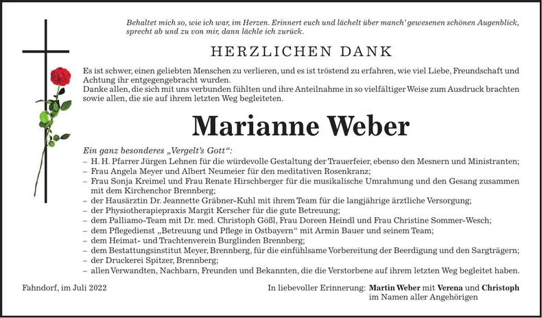 Traueranzeige Marianne Weber
