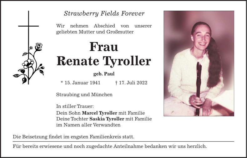 Traueranzeige Renate Tyroller