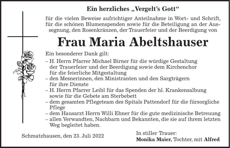 Traueranzeige Maria Abeltshauser