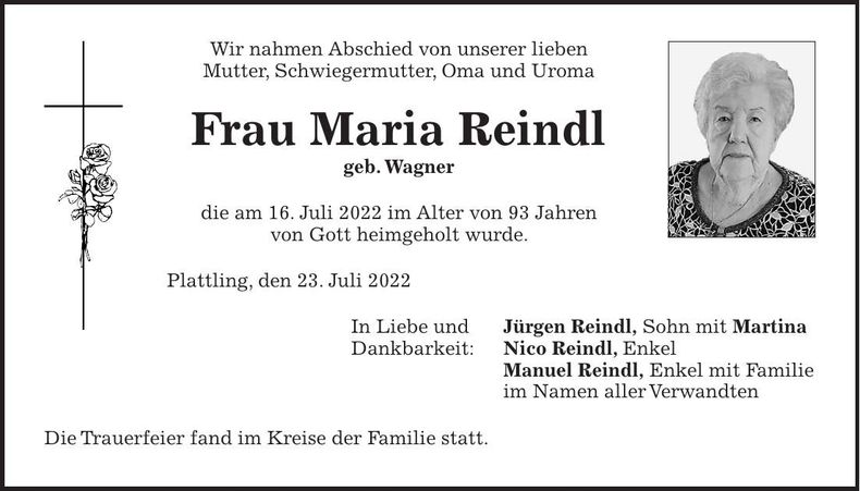 Traueranzeige Maria Reindl