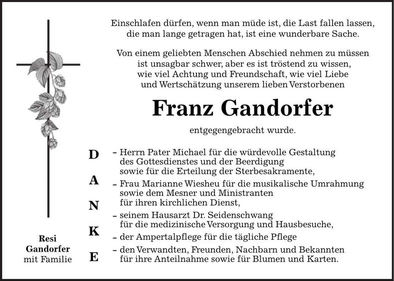 Traueranzeige Franz Gandorfer