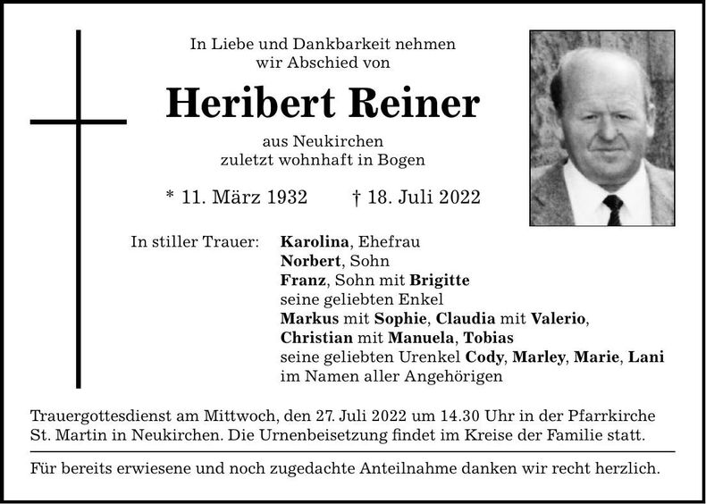 Traueranzeige Heribert Reiner