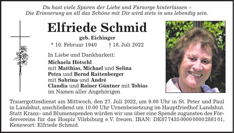 Traueranzeige Elfriede Schmid
