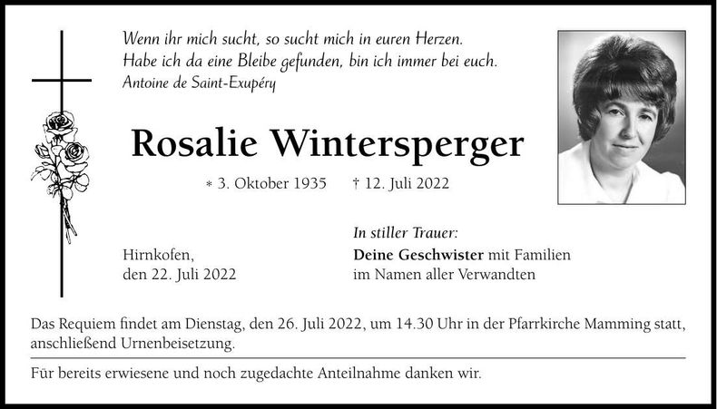 Traueranzeige Rosalie Wintersperger