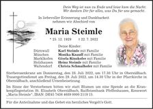 Traueranzeige Maria Steimle