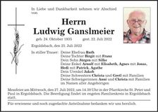 Traueranzeige Ludwig Ganslmeier