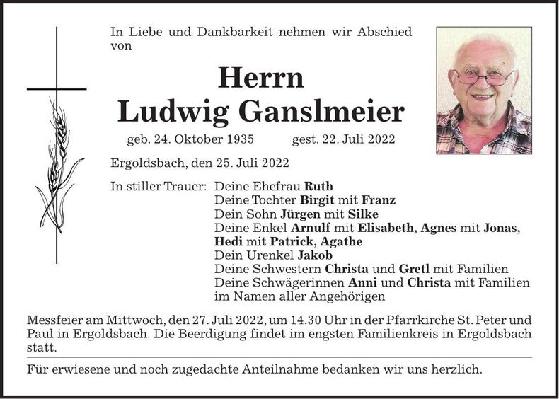 Traueranzeige Ludwig Ganslmeier