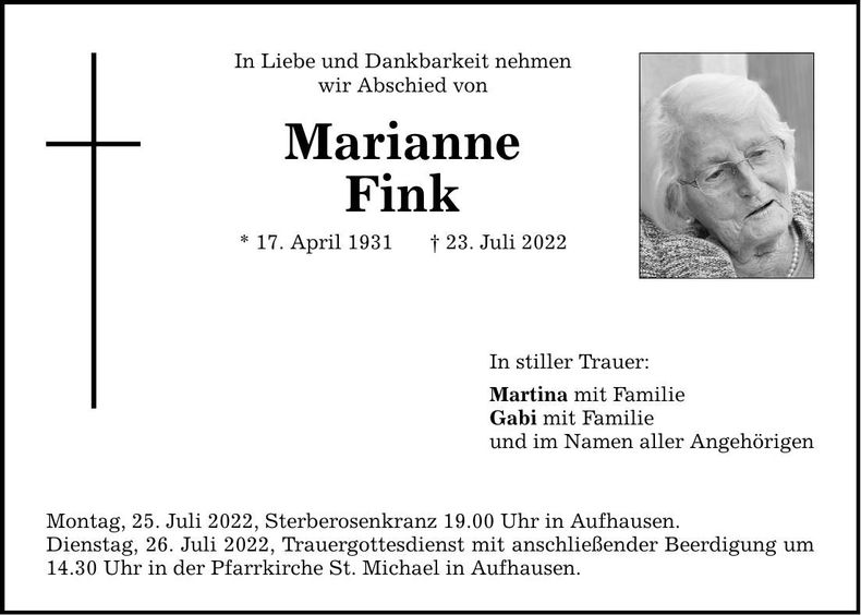 Traueranzeige Marianne Fink