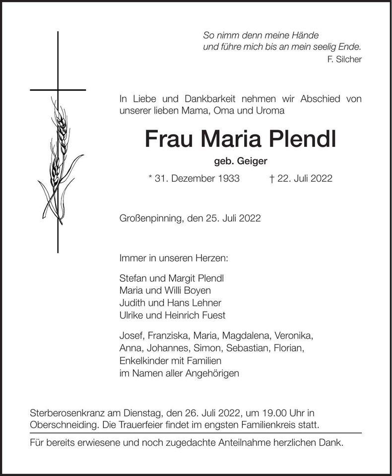 Traueranzeige Maria Plendl