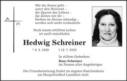 Traueranzeige Hedwig Schreiner