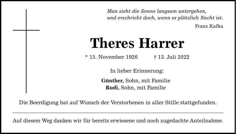 Traueranzeige Theres Harrer