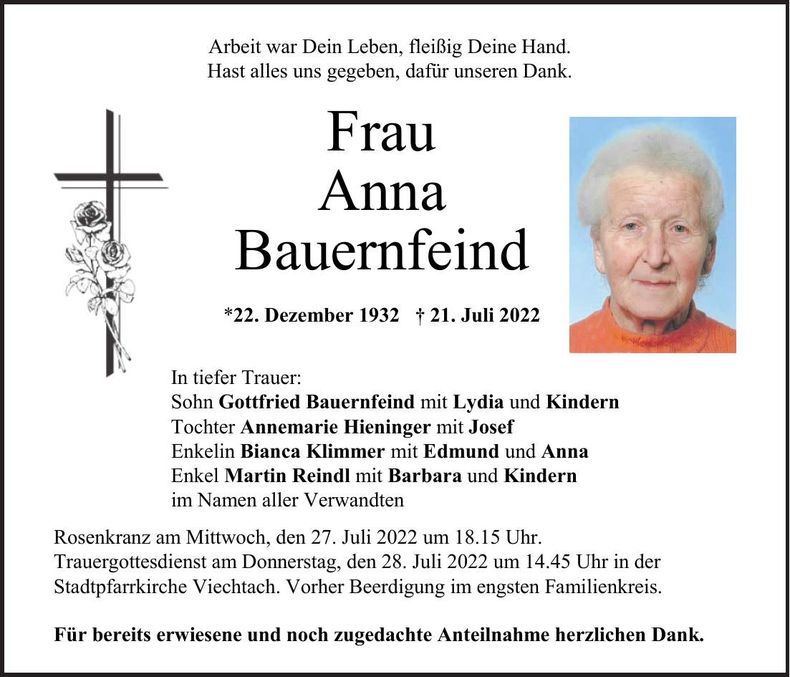 Traueranzeige Anna Bauernfeind