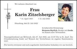 Traueranzeige Karin Zitzelsberger