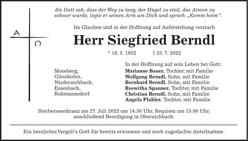 Traueranzeige Siegfried Berndl