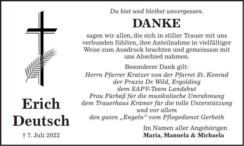 Traueranzeige Erich Deutsch