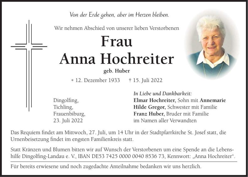 Traueranzeige Anna Hochreiter