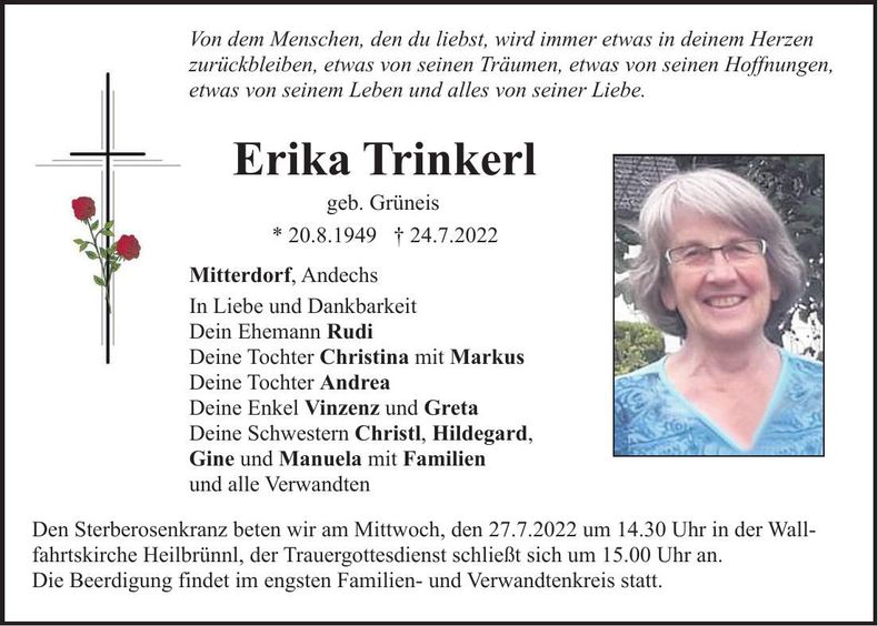 Traueranzeige Erika Trinkerl