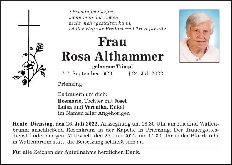 Traueranzeige Rosa Althammer