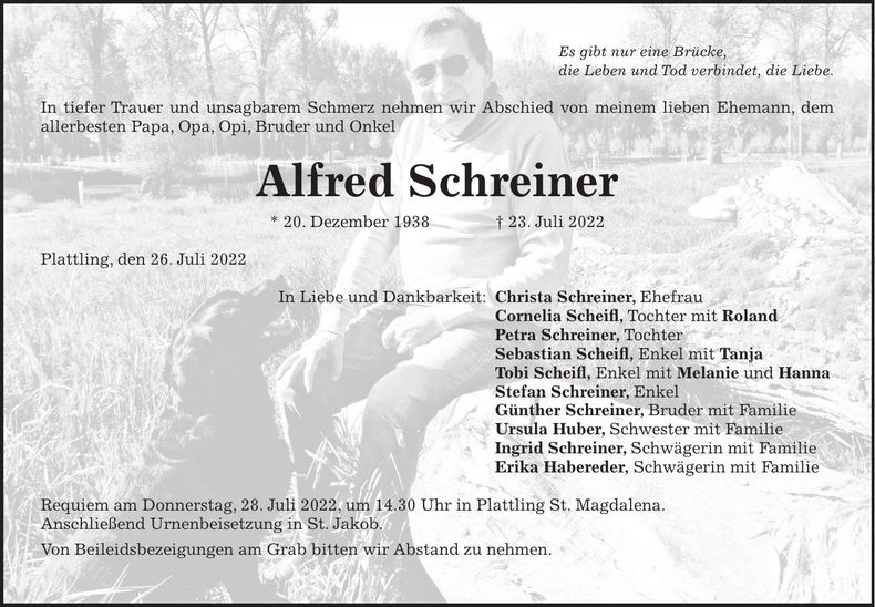 Traueranzeige Alfred Schreiner