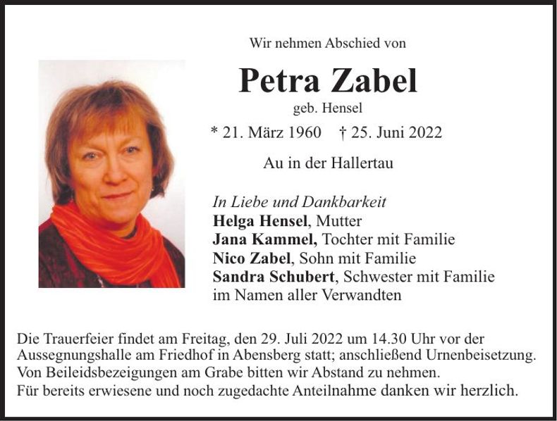 Traueranzeige Petra Zabel