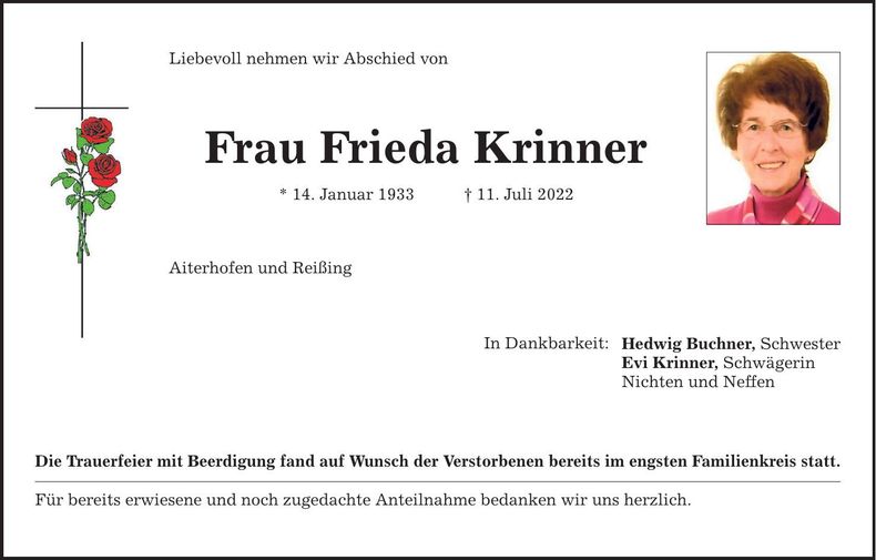 Traueranzeige Frieda Krinner