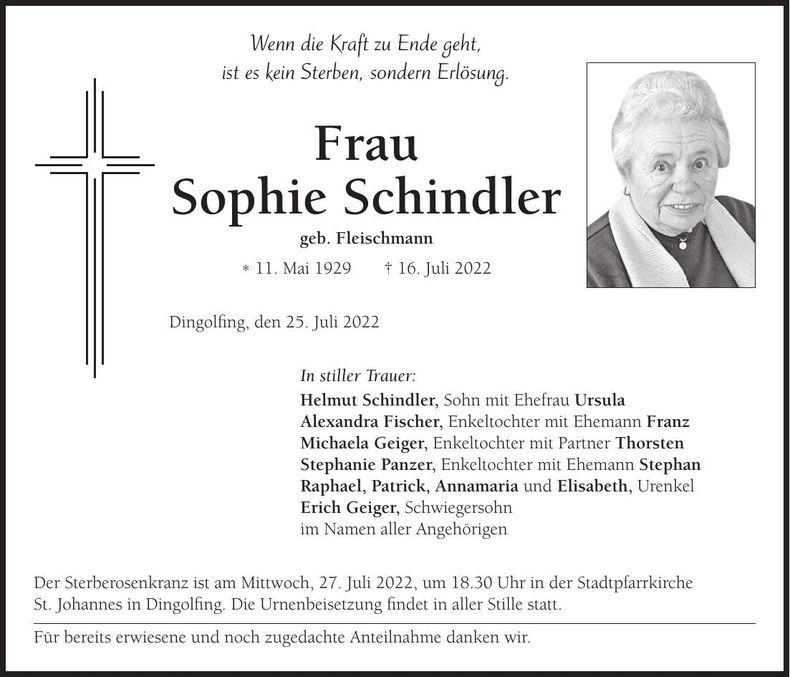 Traueranzeige Sophie Schindler