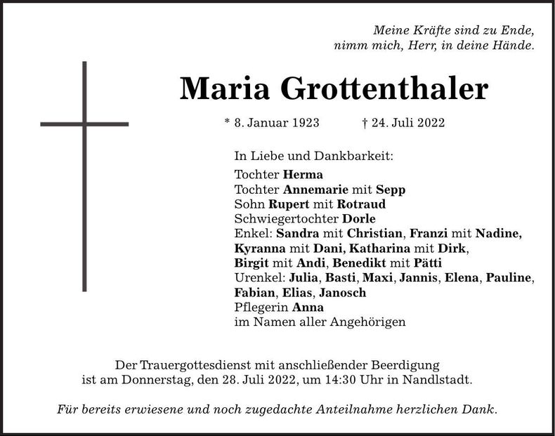 Traueranzeige Maria Grottenthaler