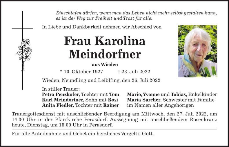 Traueranzeige Karolina Meindorfer