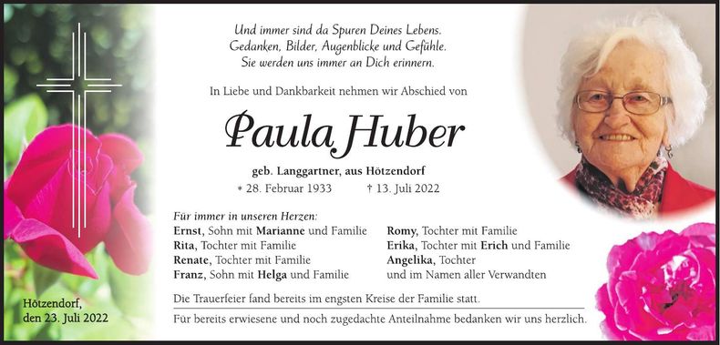 Traueranzeige Paula Huber