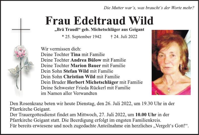 Traueranzeige Edeltraud Wild