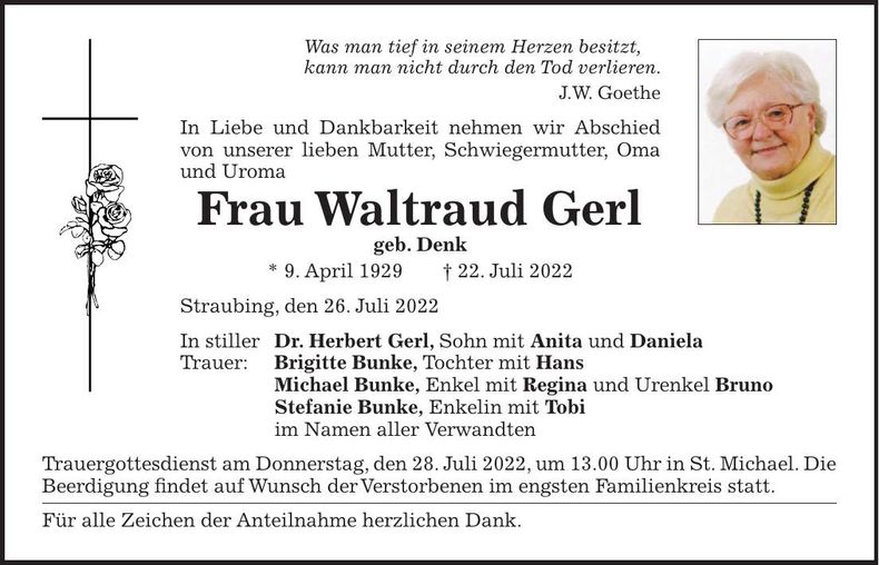 Traueranzeige Waltraud Gerl