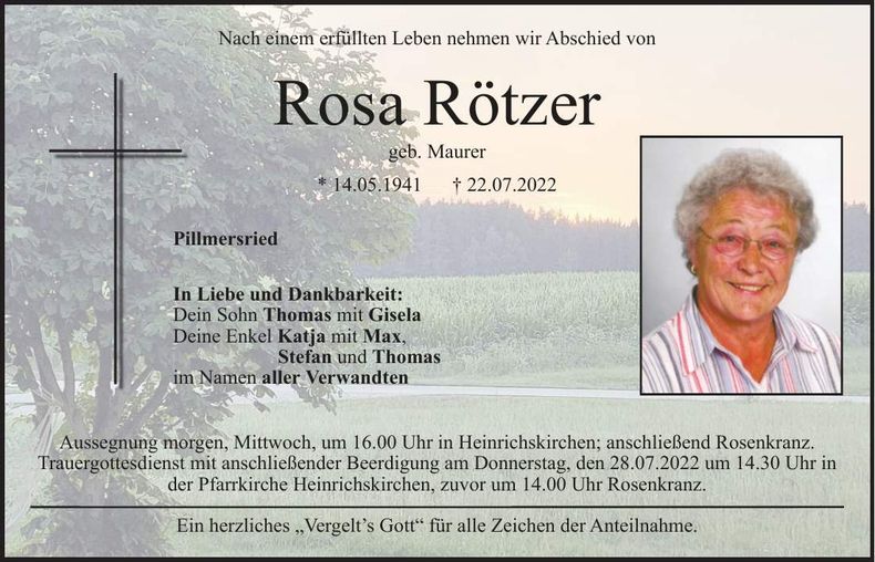 Traueranzeige Rosa Rötzer