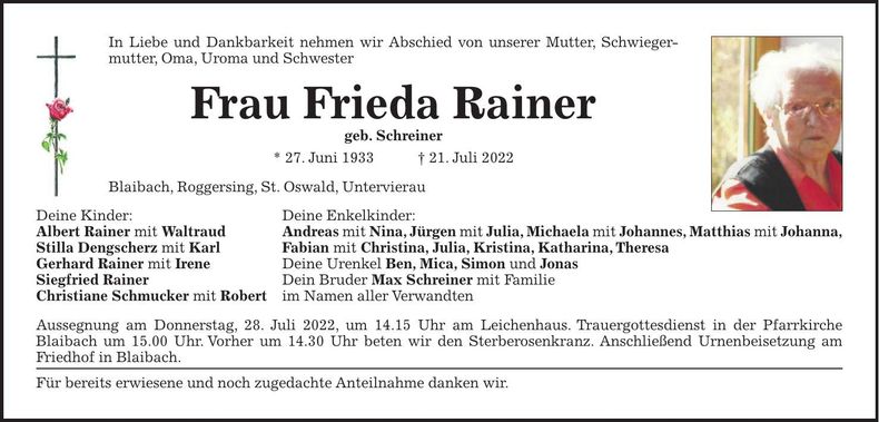 Traueranzeige Frieda Rainer